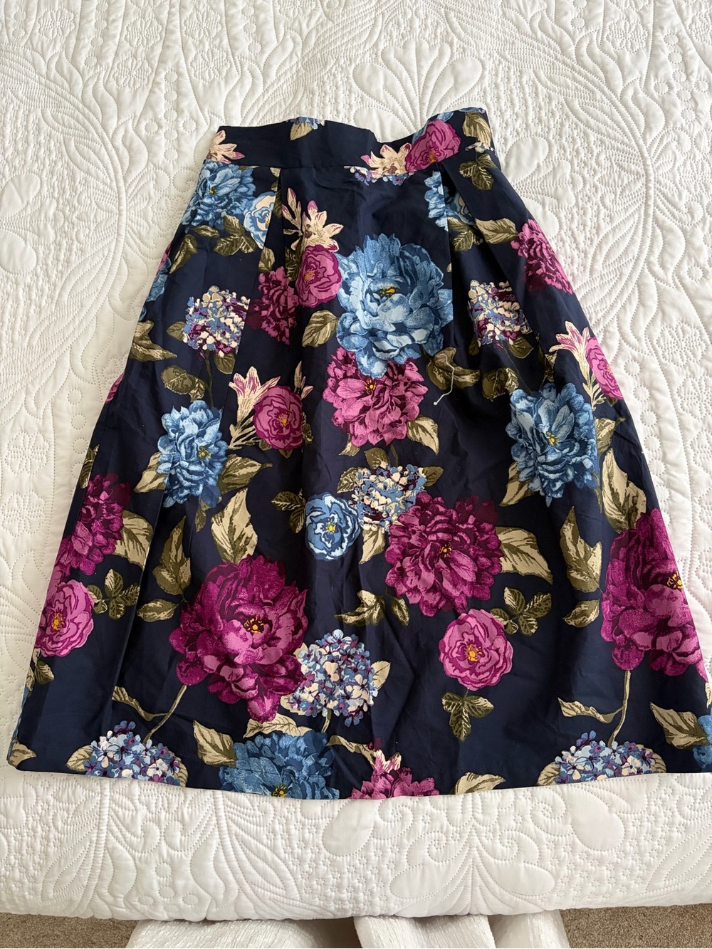 Navy Floral A-Line Midi Skirt with Pink & Blue Blooms